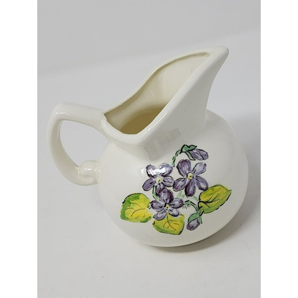Vintage Hand Painted Ceramic Small Pitcher/Creamer Blue Flowers Green Leaves